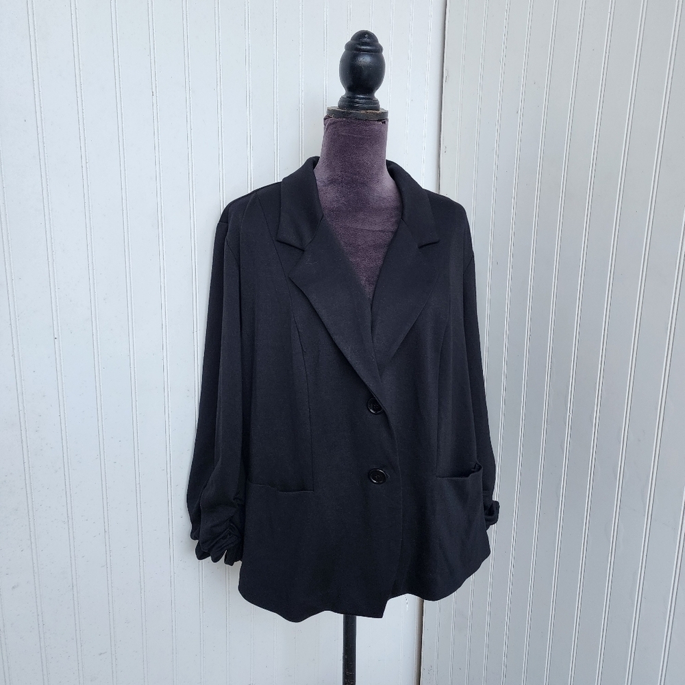 Cato Blazer Jacket Women's Stretch Jersey Black Ruched Sleeved 2 Button 22/24